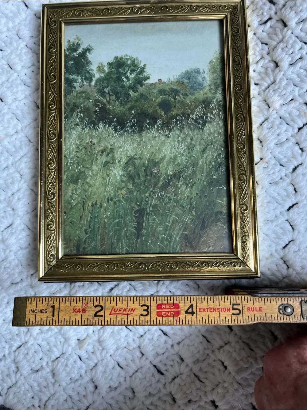 Gold Ornate Table Picture Frame with Green Landscape Art - solid brass